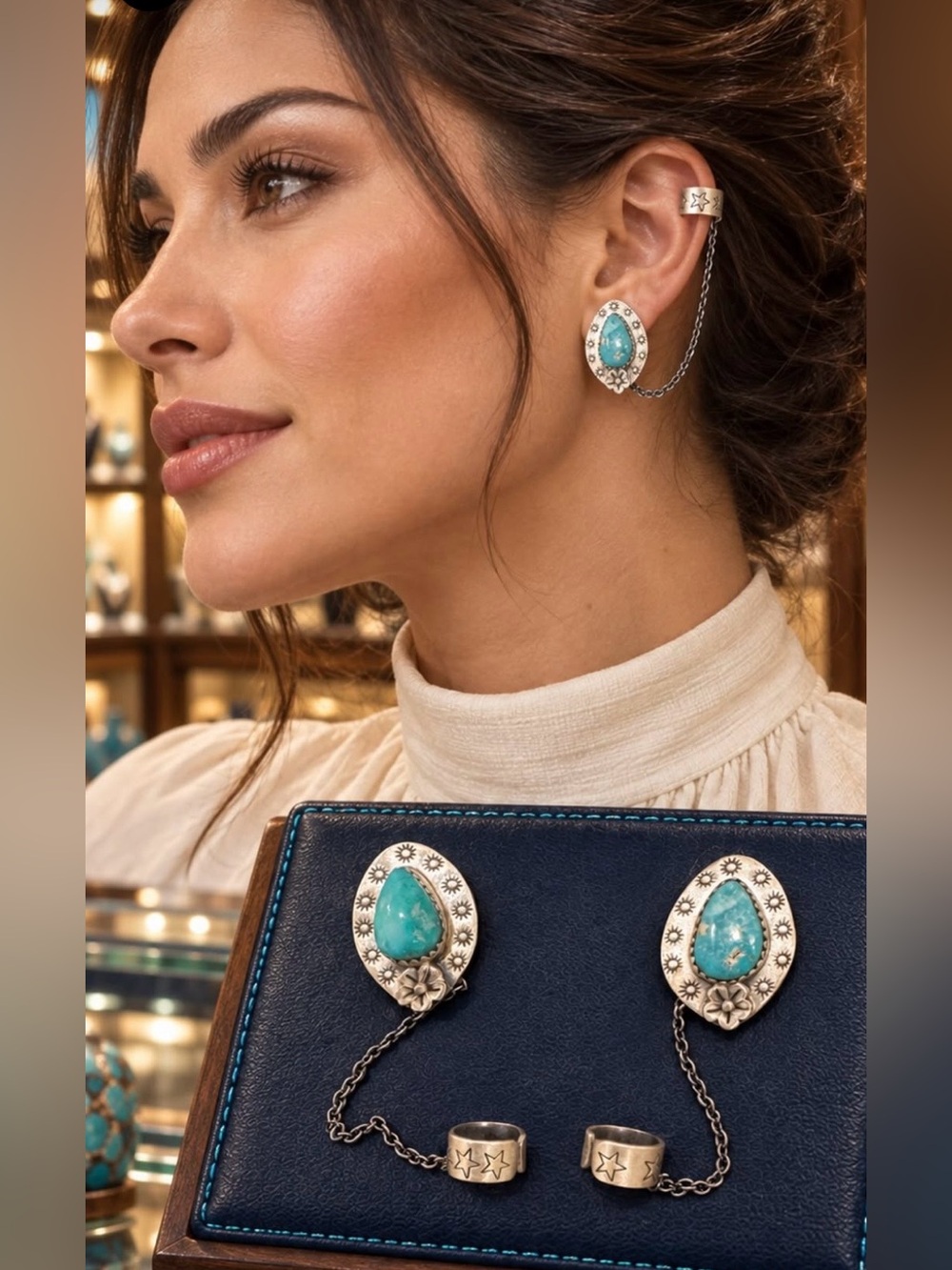Sterling Silver and Fox Turquoise Teardrop Chain Ear Cuff - Turquoise